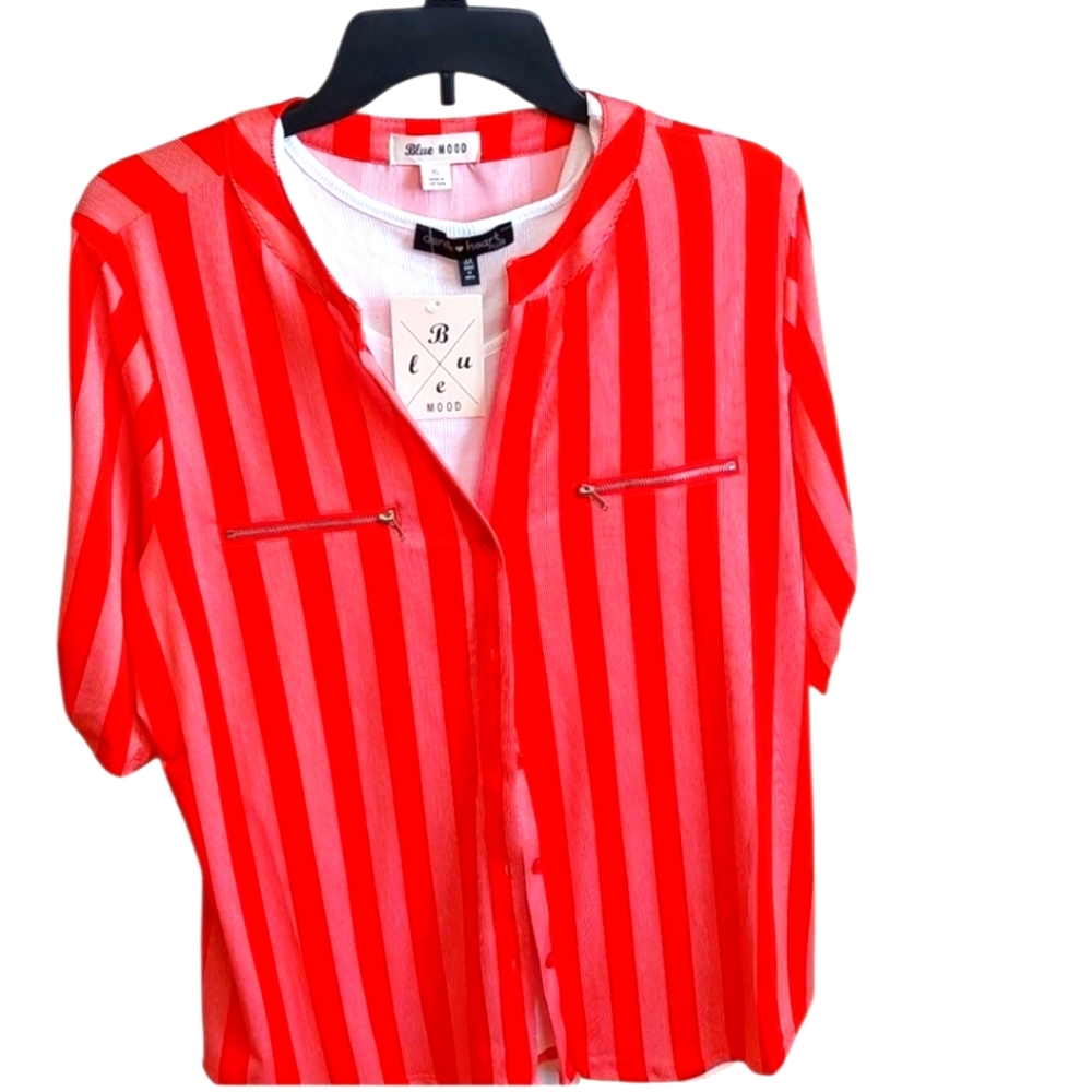 Bundle Red Striped Blouse and White Tank Top XL NEW